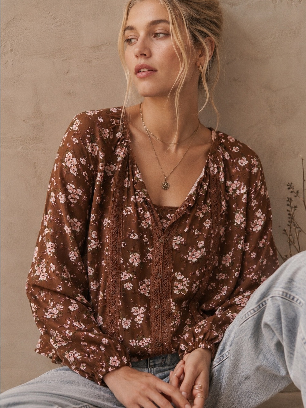 Oak & Trellis Floral Blouse Small Brown Pink Lace Trim Built-In Cami Boho